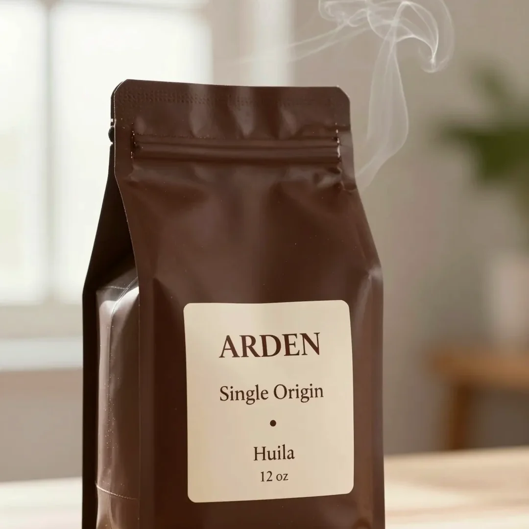 Arden Single Origin Huila coffee bag on a wood table. Steam rising. No ad overlay.